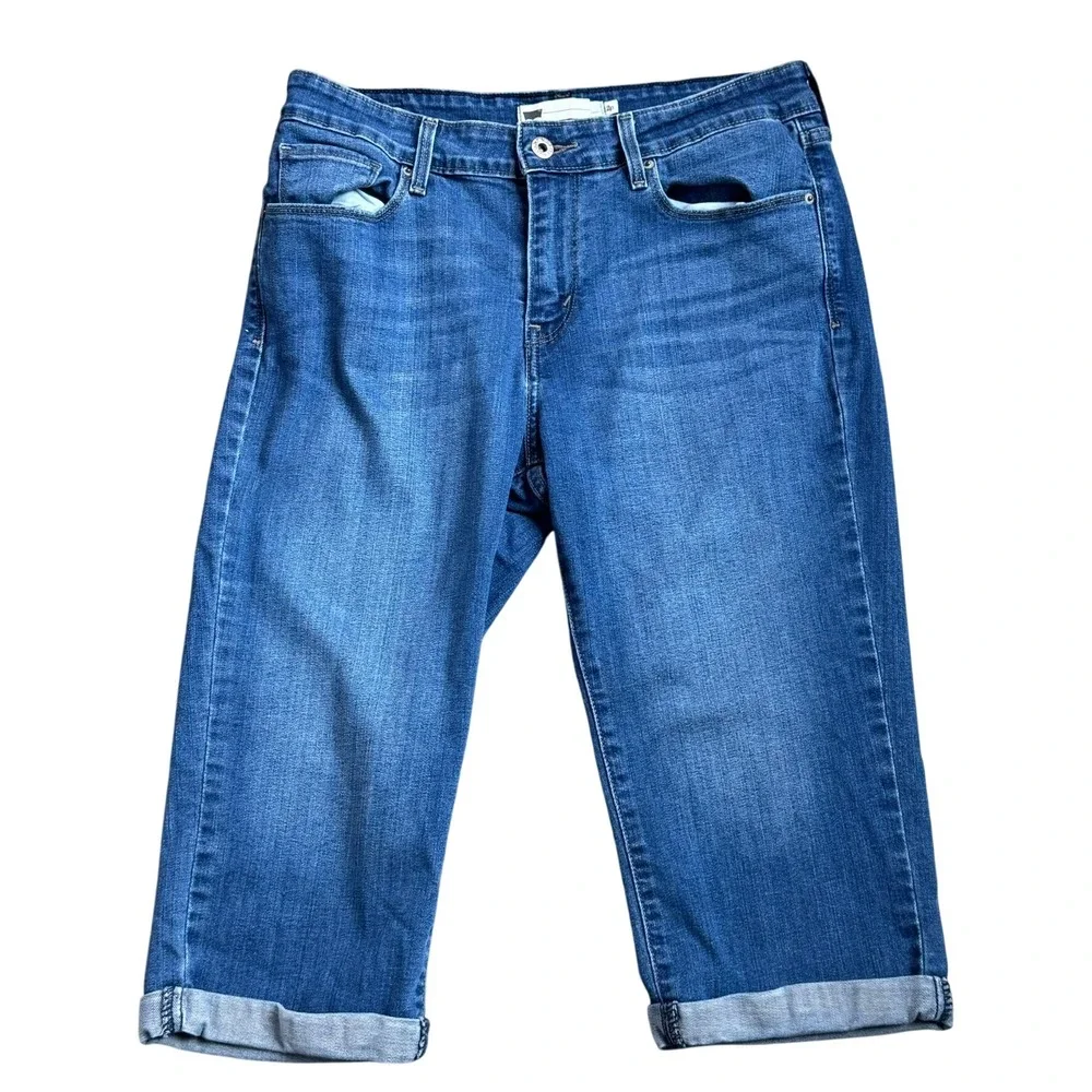 LEVI'S Women's 12‎ Petite Medium Wash Stretch Denim Cuffed Capri Blue Jeans